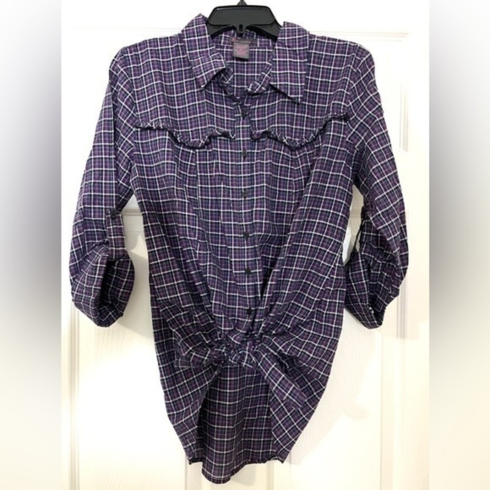 Fire Los Angeles long sleeve button down plaid shirt with ruffled yoke